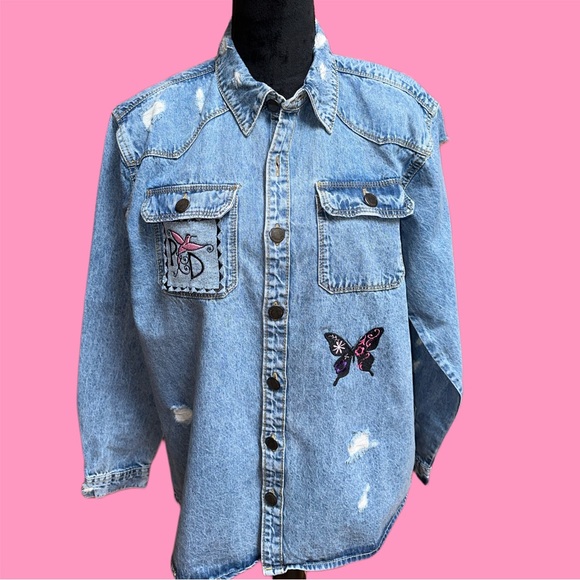 Butterfly Faith Cross Floral Embroidered Light Denim Distressed Shirt - Picture 2 of 6